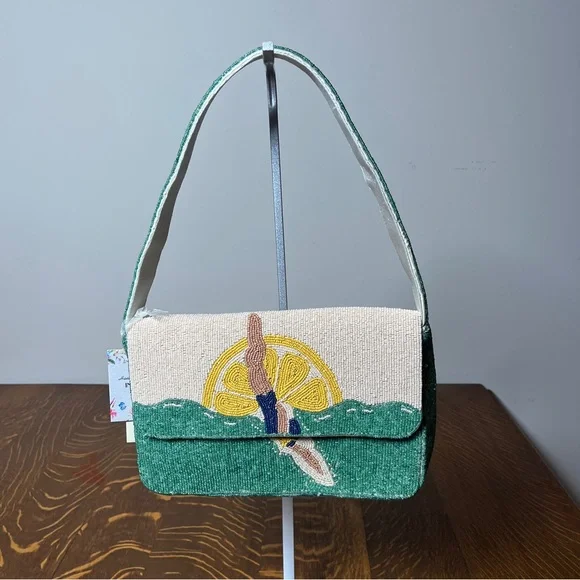 Hand Crafted in India VIRAL Beaded Cream Shoulder Bag with Lemon Diver NWT - Picture 1 of 7